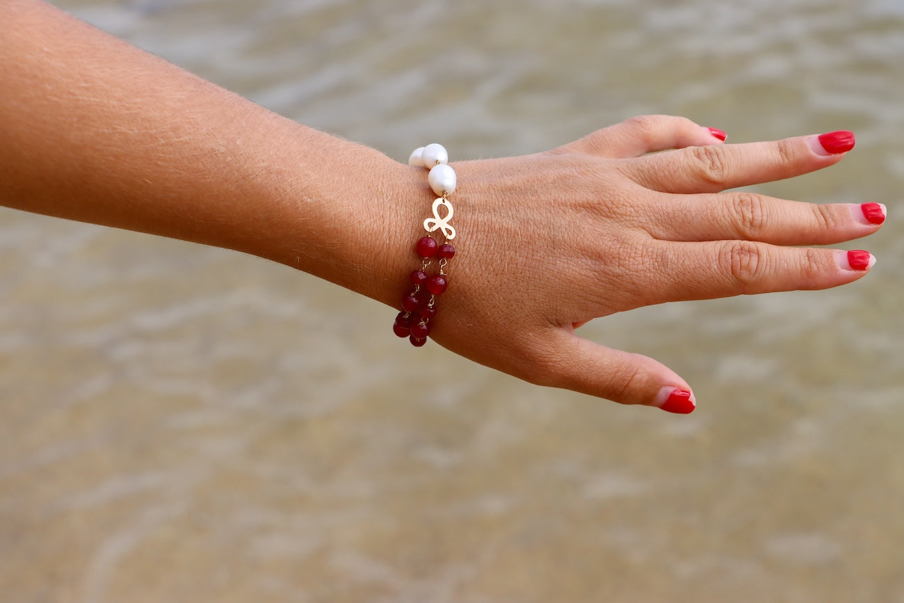 Pearl & Red Crystal Bead Bracelet