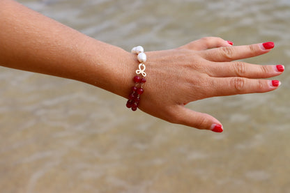 Pearl & Red Crystal Bead Bracelet